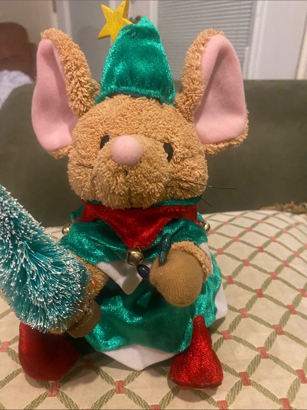 Plush Holiday Elf Mouse Small Pet Toy in Brown and Green